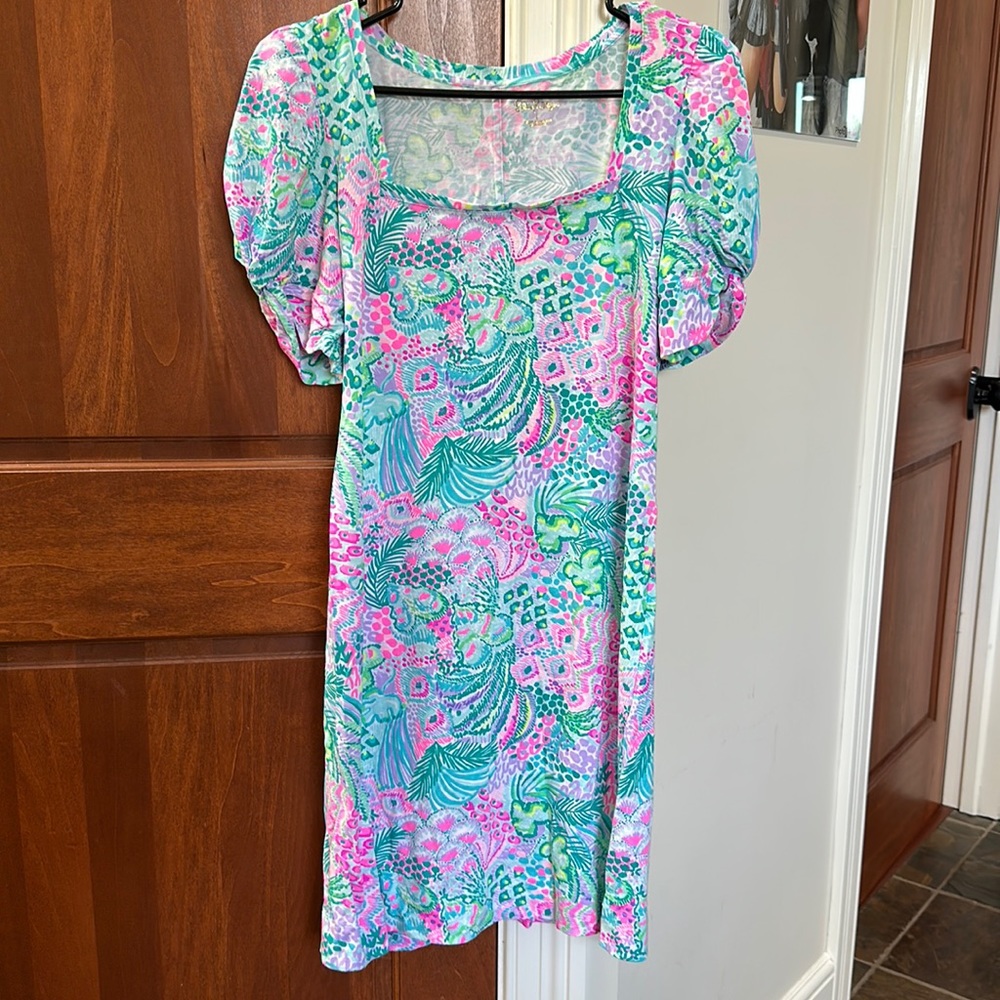 Lilly Pulitzer Pink, Green & Blue Floral Puff-Sleeve Dress